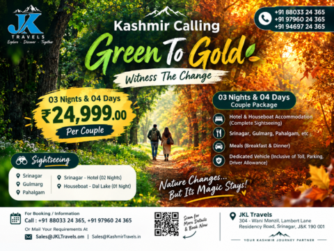 Kashmir Green to Gold 3 Nights 4 Days package at ₹24,999 per couple covering Srinagar Gulmarg and Pahalgam
