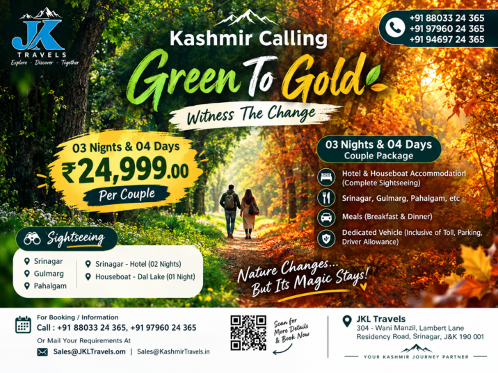 Kashmir Green to Gold 3 Nights 4 Days package at ₹24,999 per couple covering Srinagar Gulmarg and Pahalgam